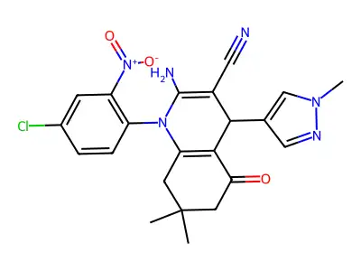 2-amino-1-(4-chloro-2-nitrophenyl)-7,7-dimethyl-4-(1-methylpyrazol-4-yl)-5-oxo-6,8-dihydro-4H-quinoline-3-carbonitrile structure