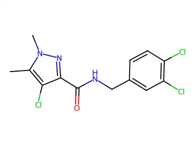 4-chloro-N-[(3,4-dichlorophenyl)methyl]-1,5-dimethylpyrazole-3-carboxamide structure