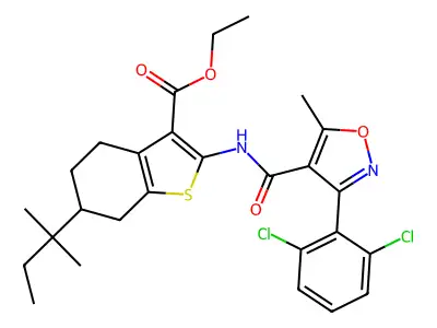 ethyl 2-({[3-(2,6-dichlorophenyl)-5-methyl-1,2-oxazol-4-yl]carbonyl}amino)-6-(2-methylbutan-2-yl)-4,5,6,7-tetrahydro-1-benzothiophene-3-carboxylate structure