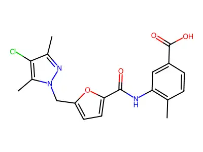3-({5-[(4-chloro-3,5-dimethyl-1H-pyrazol-1-yl)methyl]-2-furoyl}amino)-4-methylbenzoic acid structure