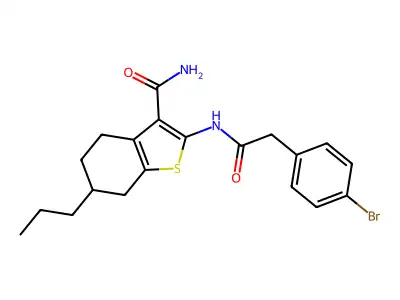 2-{[(4-bromophenyl)acetyl]amino}-6-propyl-4,5,6,7-tetrahydro-1-benzothiophene-3-carboxamide structure