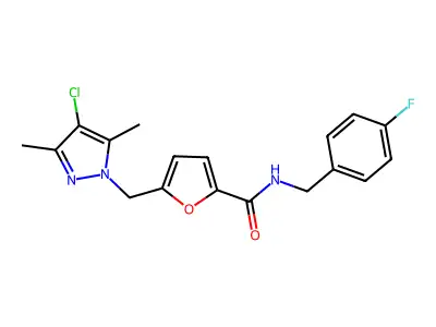 5-[(4-chloro-3,5-dimethyl-1H-pyrazol-1-yl)methyl]-N-(4-fluorobenzyl)-2-furamide structure