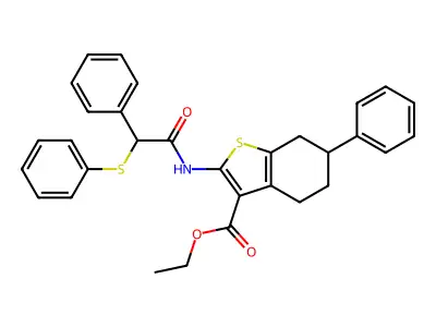 ethyl 6-phenyl-2-[(2-phenyl-2-phenylsulfanylacetyl)amino]-4,5,6,7-tetrahydro-1-benzothiophene-3-carboxylate structure