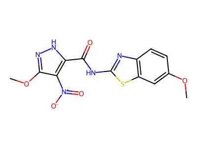 3-methoxy-N-(6-methoxy-1,3-benzothiazol-2-yl)-4-nitro-1H-pyrazole-5-carboxamide structure