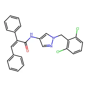 (E)-N-[1-[(2,6-dichlorophenyl)methyl]pyrazol-4-yl]-2,3-diphenylprop-2-enamide structure