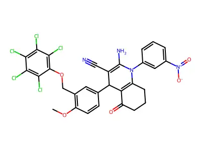 2-amino-1-{3-nitrophenyl}-4-{4-methoxy-3-[(2,3,4,5,6-pentachlorophenoxy)methyl]phenyl}-5-oxo-1,4,5,6,7,8-hexahydroquinoline-3-carbonitrile structure