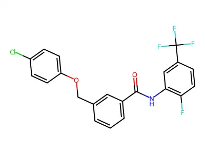 3-[(4-chlorophenoxy)methyl]-N-[2-fluoro-5-(trifluoromethyl)phenyl]benzamide structure