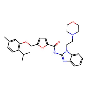 5-[(5-methyl-2-propan-2-ylphenoxy)methyl]-N-[1-(2-morpholin-4-ylethyl)benzimidazol-2-yl]furan-2-carboxamide structure