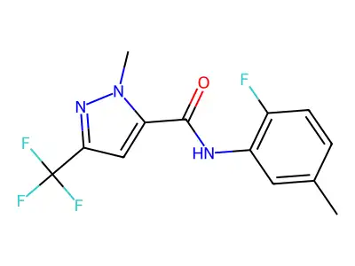 N-(2-fluoro-5-methylphenyl)-2-methyl-5-(trifluoromethyl)pyrazole-3-carboxamide structure
