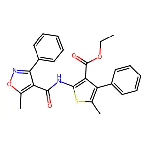 ethyl 5-methyl-2-[(5-methyl-3-phenyl-1,2-oxazole-4-carbonyl)amino]-4-phenylthiophene-3-carboxylate structure