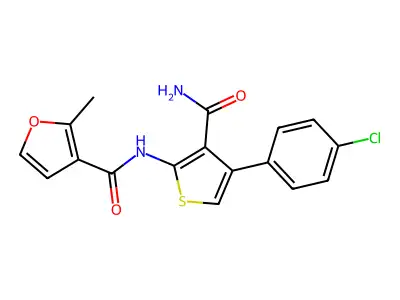 N-[3-carbamoyl-4-(4-chlorophenyl)thiophen-2-yl]-2-methylfuran-3-carboxamide structure