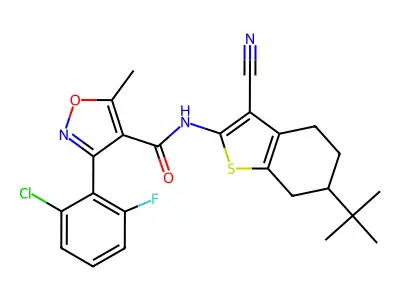 N-(6-tert-butyl-3-cyano-4,5,6,7-tetrahydro-1-benzothiophen-2-yl)-3-(2-chloro-6-fluorophenyl)-5-methyl-1,2-oxazole-4-carboxamide structure