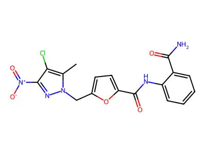 N-(2-carbamoylphenyl)-5-[(4-chloro-5-methyl-3-nitropyrazol-1-yl)methyl]furan-2-carboxamide structure