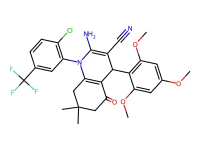 2-amino-1-[2-chloro-5-(trifluoromethyl)phenyl]-7,7-dimethyl-5-oxo-4-(2,4,6-trimethoxyphenyl)-1,4,5,6,7,8-hexahydro-3-quinolinecarbonitrile structure