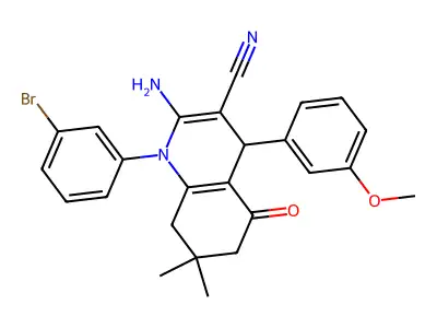 2-amino-1-(3-bromophenyl)-4-(3-methoxyphenyl)-7,7-dimethyl-5-oxo-1,4,5,6,7,8-hexahydro-3-quinolinecarbonitrile structure