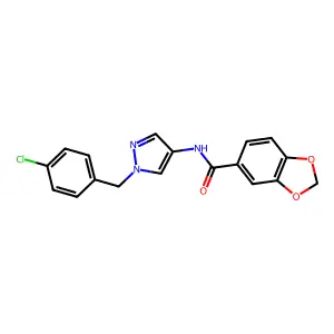 N-[1-[(4-chlorophenyl)methyl]pyrazol-4-yl]-1,3-benzodioxole-5-carboxamide structure