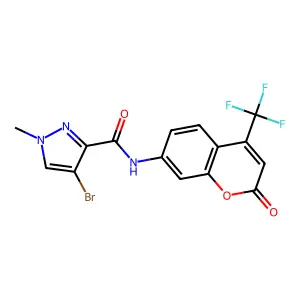 4-bromo-1-methyl-N-[2-oxo-4-(trifluoromethyl)-2H-chromen-7-yl]-1H-pyrazole-3-carboxamide structure