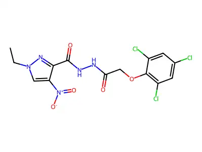 1-ethyl-4-nitro-N'-[2-(2,4,6-trichlorophenoxy)acetyl]pyrazole-3-carbohydrazide structure