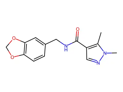 N-(1,3-benzodioxol-5-ylmethyl)-1,5-dimethylpyrazole-4-carboxamide structure