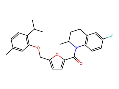 (6-fluoro-2-methyl-3,4-dihydro-2H-quinolin-1-yl)-[5-[(5-methyl-2-propan-2-ylphenoxy)methyl]furan-2-yl]methanone structure