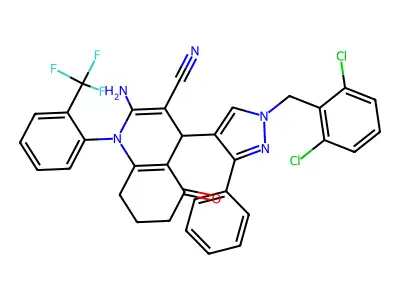 2-amino-4-[1-(2,6-dichlorobenzyl)-3-phenyl-1H-pyrazol-4-yl]-5-oxo-1-[2-(trifluoromethyl)phenyl]-1,4,5,6,7,8-hexahydro-3-quinolinecarbonitrile structure