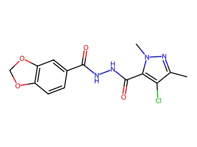 N'-(1,3-benzodioxole-5-carbonyl)-4-chloro-2,5-dimethylpyrazole-3-carbohydrazide structure