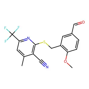 2-[(5-Formyl-2-methoxybenzyl)thio]-4-methyl-6-(trifluoromethyl)nicotinonitrile structure