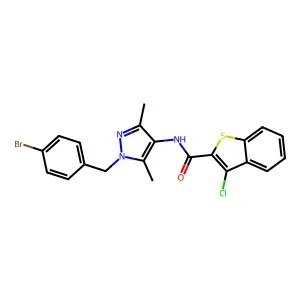 N-[1-(4-bromobenzyl)-3,5-dimethyl-1H-pyrazol-4-yl]-3-chloro-1-benzothiophene-2-carboxamide structure
