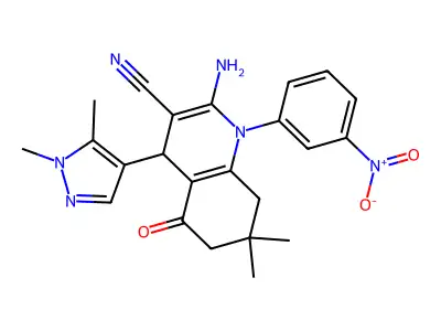 2-amino-4-(1,5-dimethylpyrazol-4-yl)-7,7-dimethyl-1-(3-nitrophenyl)-5-oxo-6,8-dihydro-4H-quinoline-3-carbonitrile structure
