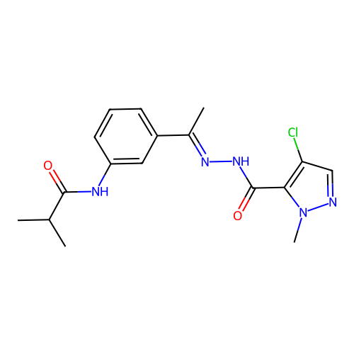 N-(3-{N-[(4-chloro-1-methyl-1H-pyrazol-5-yl)carbonyl]ethanehydrazonoyl}phenyl)-2-methylpropanamide structure