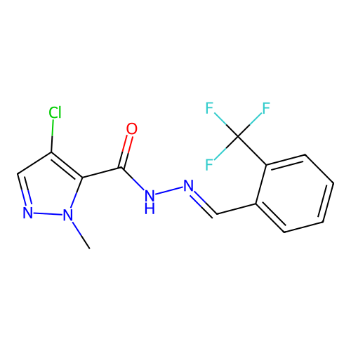 4-chloro-2-methyl-N-[(E)-[2-(trifluoromethyl)phenyl]methylideneamino]pyrazole-3-carboxamide structure