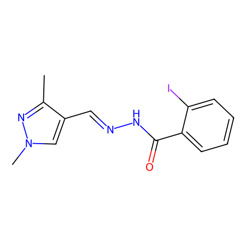 N-[(E)-(1,3-dimethylpyrazol-4-yl)methylideneamino]-2-iodobenzamide structure