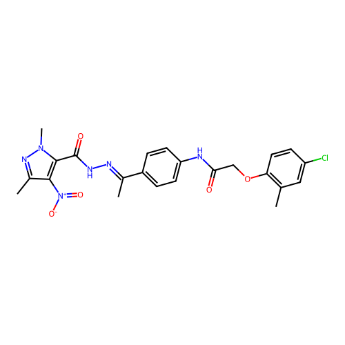 2-(4-chloro-2-methylphenoxy)-N-{4-[N-({4-nitro-1,3-dimethyl-1H-pyrazol-5-yl}carbonyl)ethanehydrazonoyl]phenyl}acetamide structure