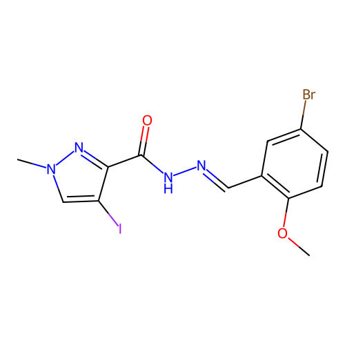 N-[(E)-(5-bromo-2-methoxyphenyl)methylideneamino]-4-iodo-1-methylpyrazole-3-carboxamide structure