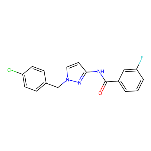 N-[1-[(4-chlorophenyl)methyl]pyrazol-3-yl]-3-fluorobenzamide structure