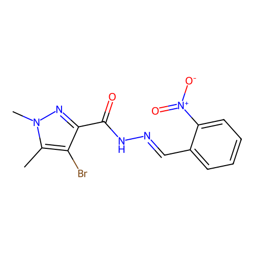 4-bromo-1,5-dimethyl-N-[(E)-(2-nitrophenyl)methylideneamino]pyrazole-3-carboxamide structure
