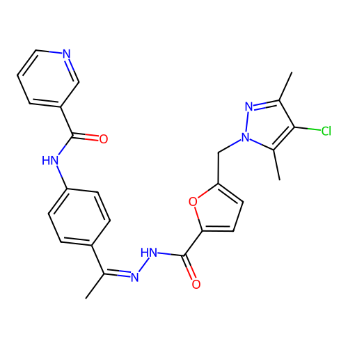 N-[4-[(Z)-N-[[5-[(4-chloro-3,5-dimethylpyrazol-1-yl)methyl]furan-2-carbonyl]amino]-C-methylcarbonimidoyl]phenyl]pyridine-3-carboxamide structure