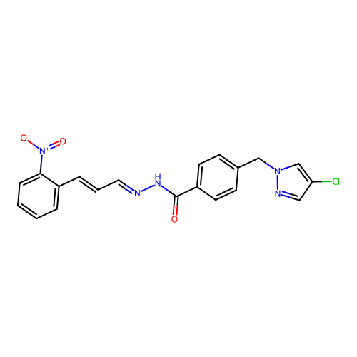4-[(4-chloropyrazol-1-yl)methyl]-N-[(E)-[(E)-3-(2-nitrophenyl)prop-2-enylidene]amino]benzamide structure