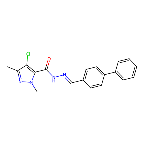 4-chloro-2,5-dimethyl-N-[(E)-(4-phenylphenyl)methylideneamino]pyrazole-3-carboxamide structure