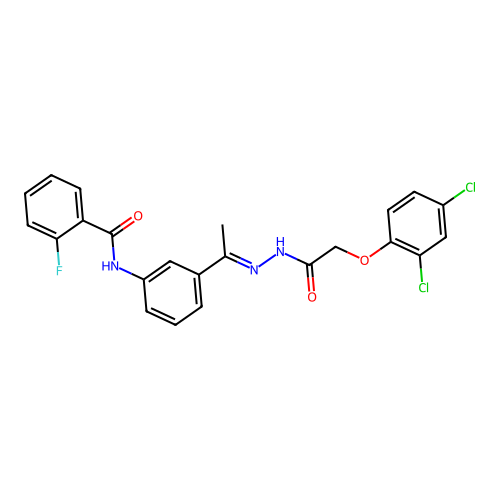 N-((1E)-2-{3-[(2-fluorophenyl)carbonylamino]phenyl}-1-azaprop-1-enyl)-2-(2,4-d ichlorophenoxy)acetamide structure