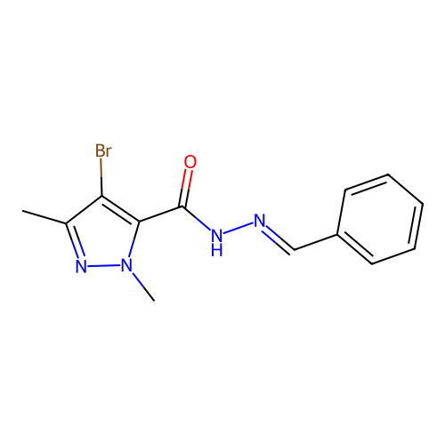N-[(E)-benzylideneamino]-4-bromo-2,5-dimethylpyrazole-3-carboxamide structure