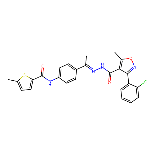 3-(2-chlorophenyl)-5-methyl-N-[(E)-1-[4-[(5-methylthiophene-2-carbonyl)amino]phenyl]ethylideneamino]-1,2-oxazole-4-carboxamide structure
