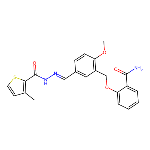N-[(E)-[3-[(2-carbamoylphenoxy)methyl]-4-methoxyphenyl]methylideneamino]-3-methylthiophene-2-carboxamide structure