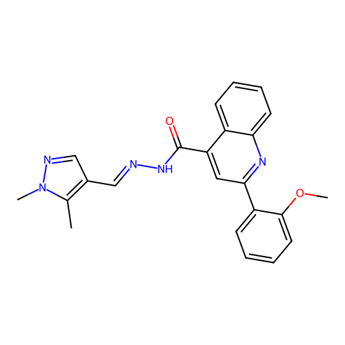 N-[(E)-(1,5-dimethylpyrazol-4-yl)methylideneamino]-2-(2-methoxyphenyl)quinoline-4-carboxamide structure