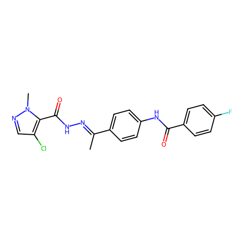 4-chloro-N-[(E)-1-[4-[(4-fluorobenzoyl)amino]phenyl]ethylideneamino]-2-methylpyrazole-3-carboxamide structure