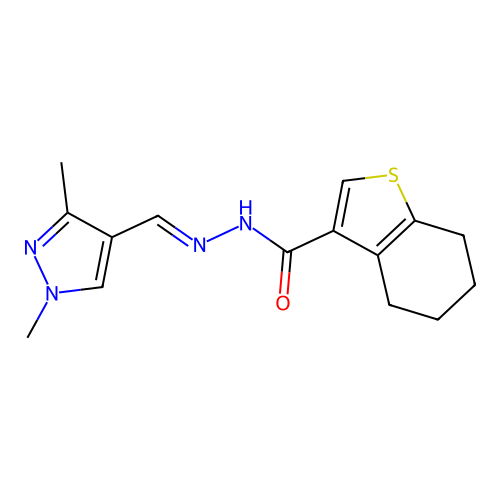 N-[(E)-(1,3-dimethylpyrazol-4-yl)methylideneamino]-4,5,6,7-tetrahydro-1-benzothiophene-3-carboxamide structure