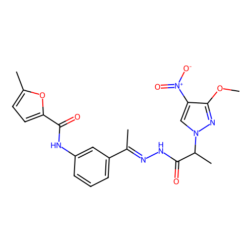 N-[3-[(E)-N-[2-(3-methoxy-4-nitropyrazol-1-yl)propanoylamino]-C-methylcarbonimidoyl]phenyl]-5-methylfuran-2-carboxamide structure