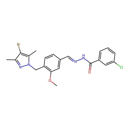 N-[(E)-[4-[(4-bromo-3,5-dimethylpyrazol-1-yl)methyl]-3-methoxyphenyl]methylideneamino]-3-chlorobenzamide structure