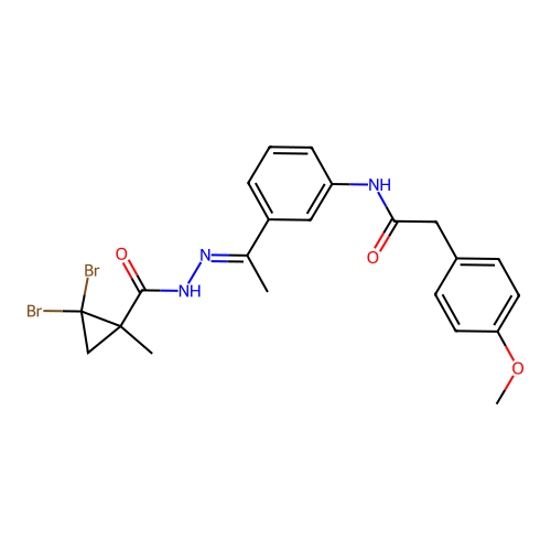 N-(3-{N-[(2,2-dibromo-1-methylcyclopropyl)carbonyl]ethanehydrazonoyl}phenyl)-2-(4-methoxyphenyl)acetamide structure