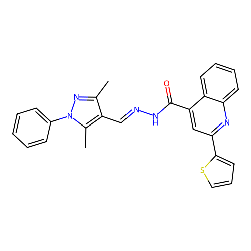 N-[(E)-(3,5-dimethyl-1-phenylpyrazol-4-yl)methylideneamino]-2-thiophen-2-ylquinoline-4-carboxamide structure